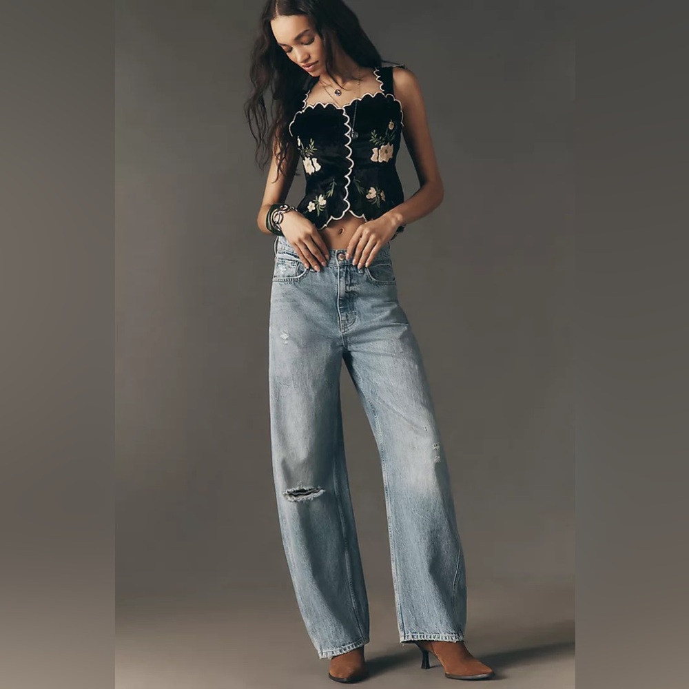 New Anthropologie Maeve Black Waisted Scallop Embroidered Blouse Top Shirt XL - Picture 3 of 8